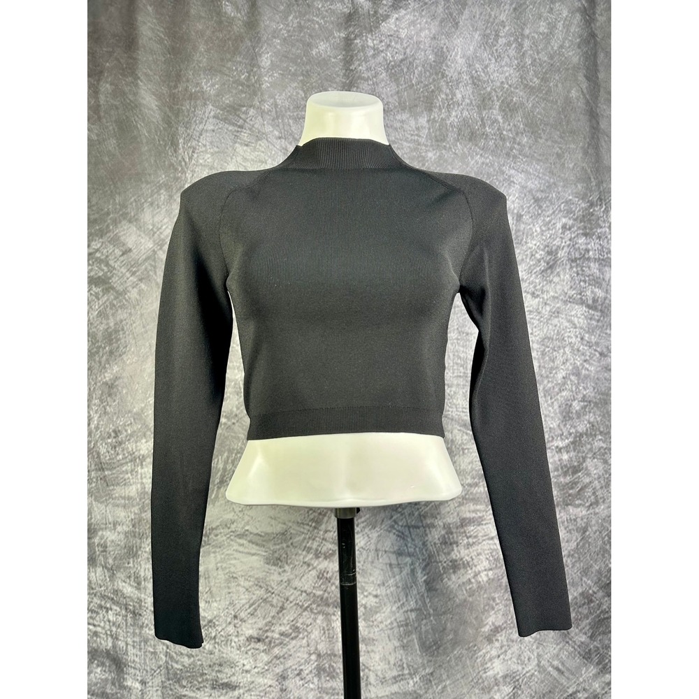 COS Mock Neck Cropped Top Women XS Black Ribbed Long Sleeve Raglan